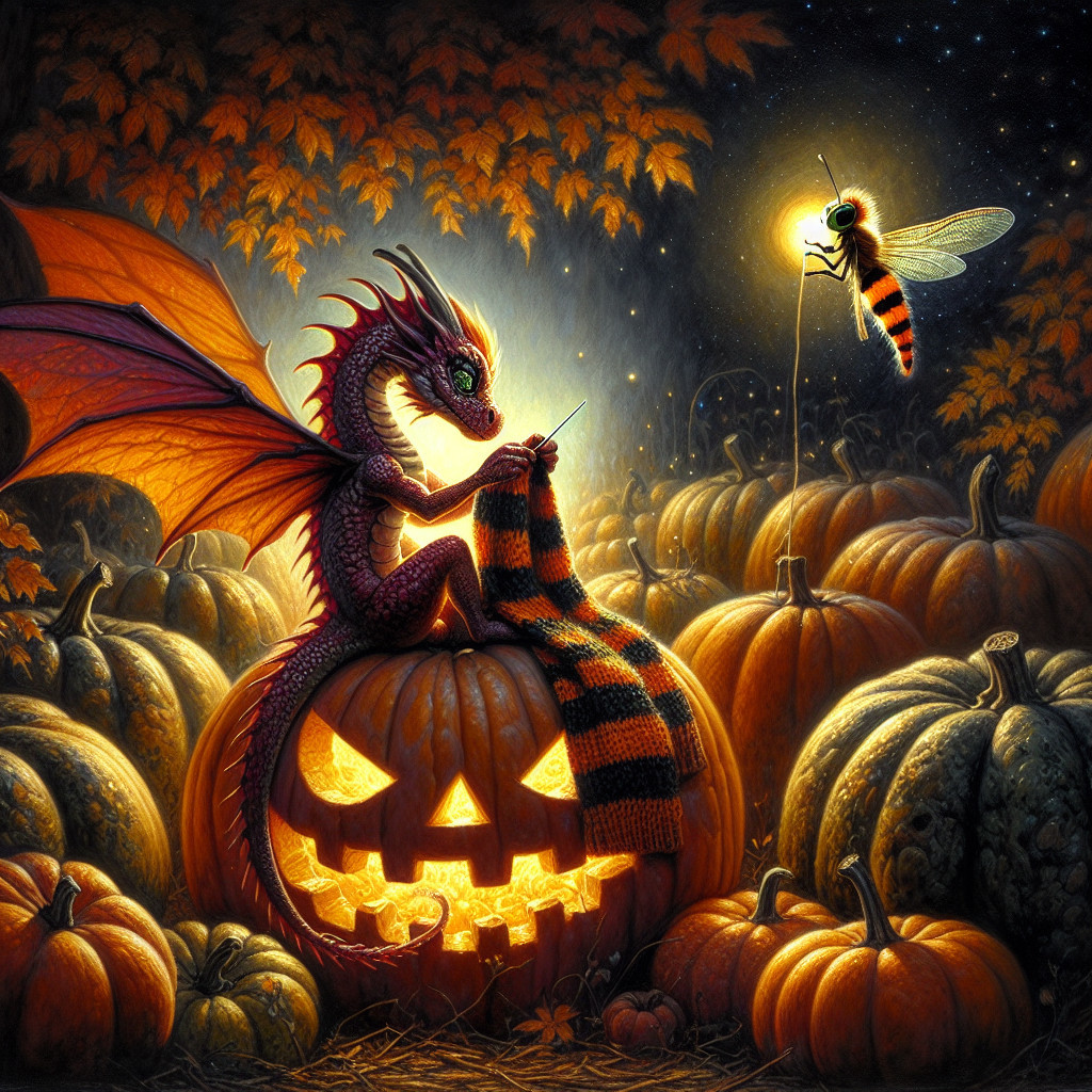 Cute dragon knitting on glowing jack-o'-lantern at night