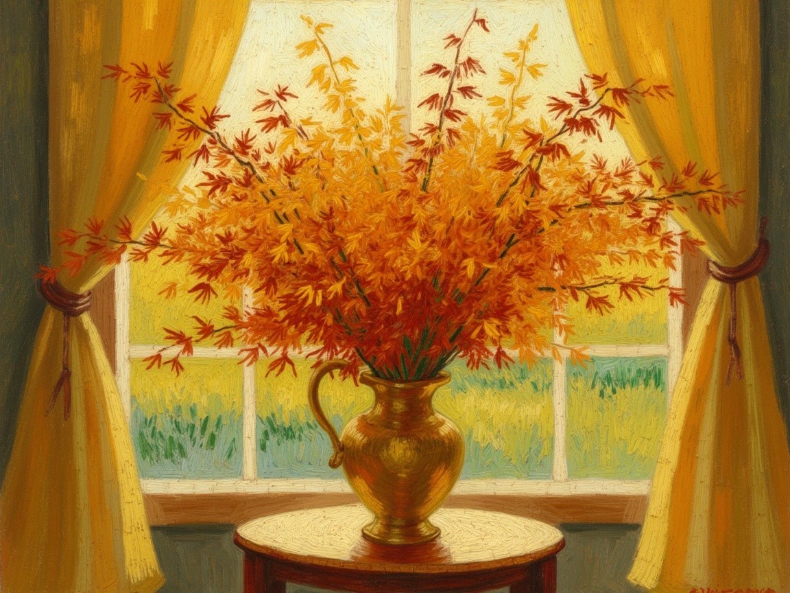 Autumn Bouquet in Golden Vase with Warm Decor