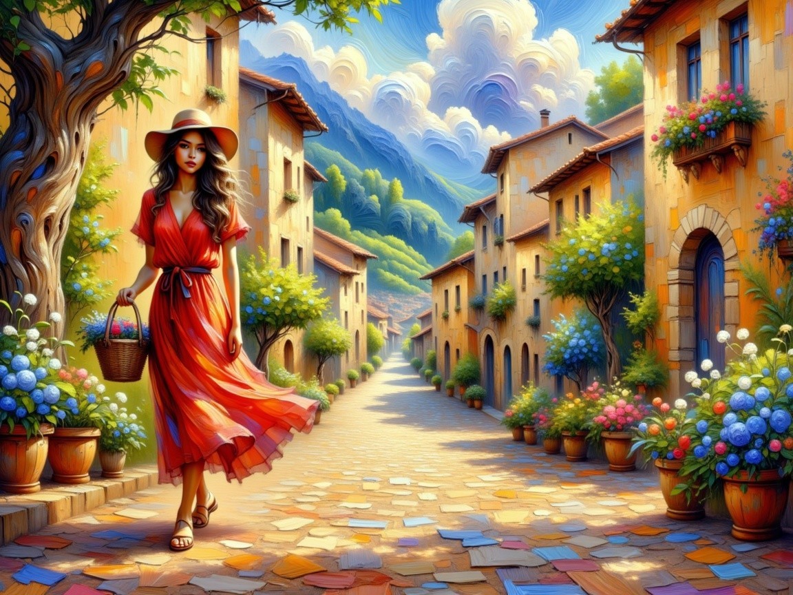Young Woman in Red Dress on Cobblestone Street