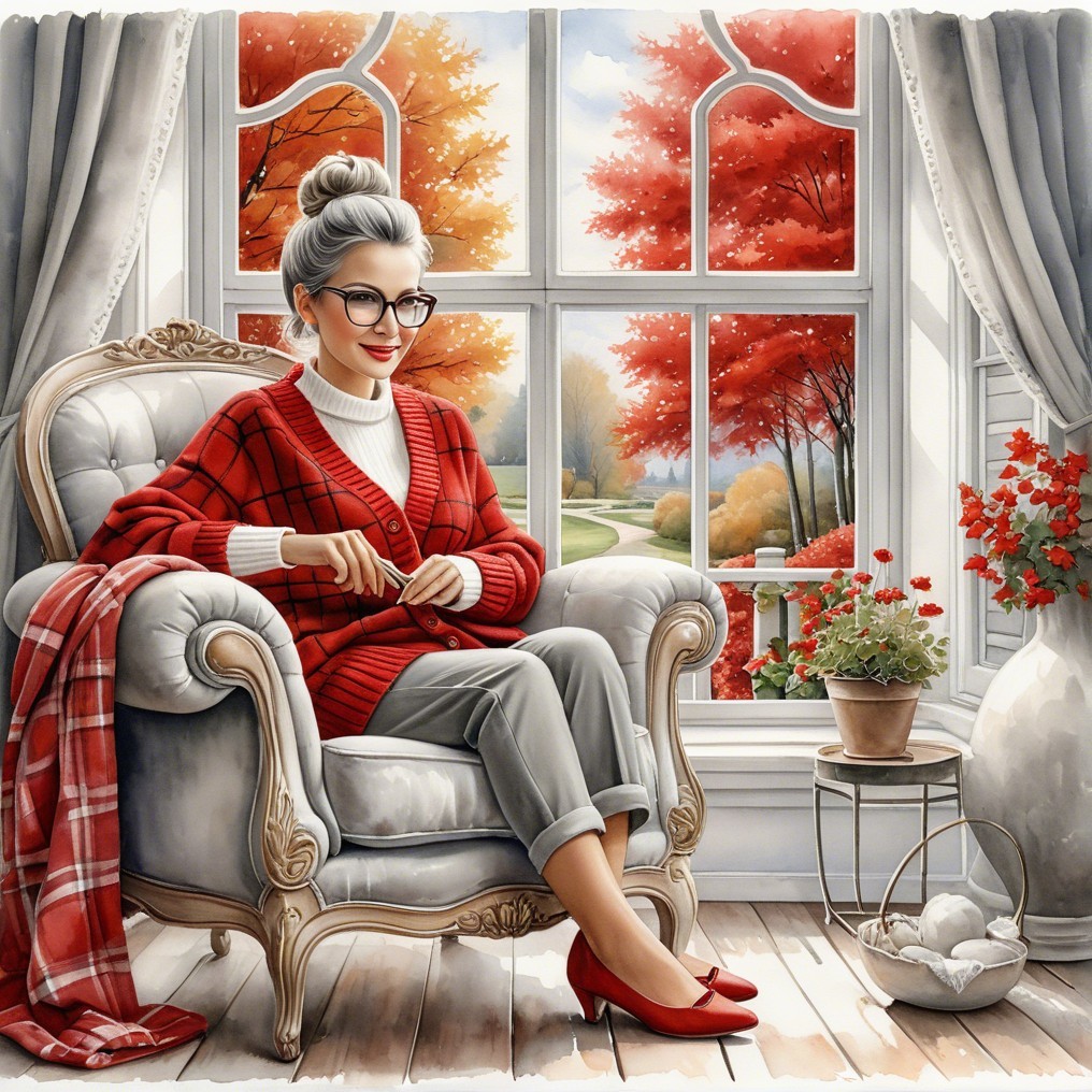 Cozy Indoor Scene with Stylish Woman and Autumn View