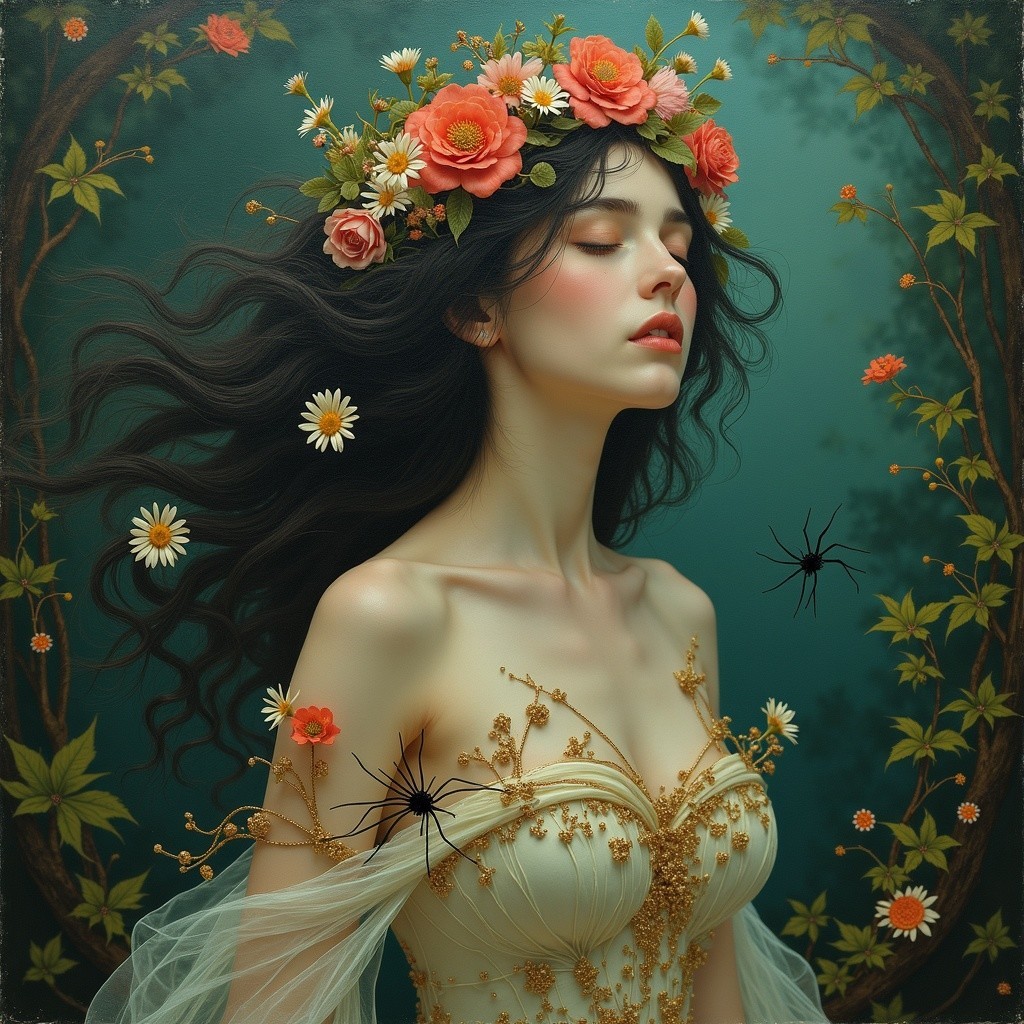 Young Woman in Floral Crown and Elegant Dress