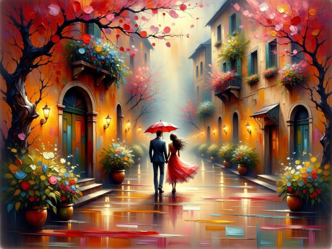 Couple Walking on Rainy Street with Flowers and Lights