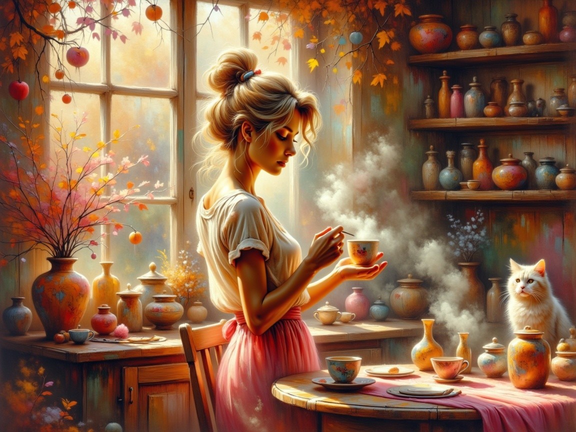 Cozy Autumn Kitchen Scene with Tea and Cat