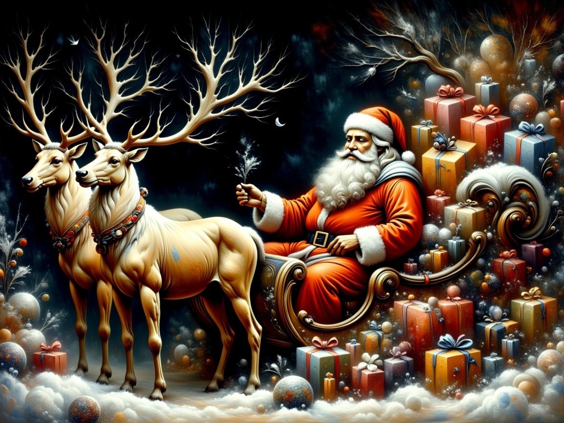 Santa Claus in a sleigh with reindeer and gifts