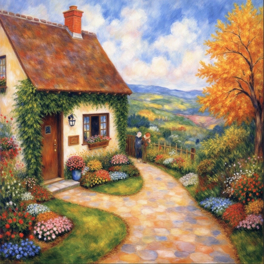Rustic cottage with flower gardens and serene landscape