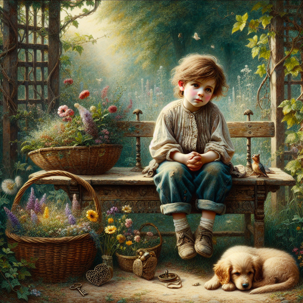 Young boy in serene garden with flowers and animals