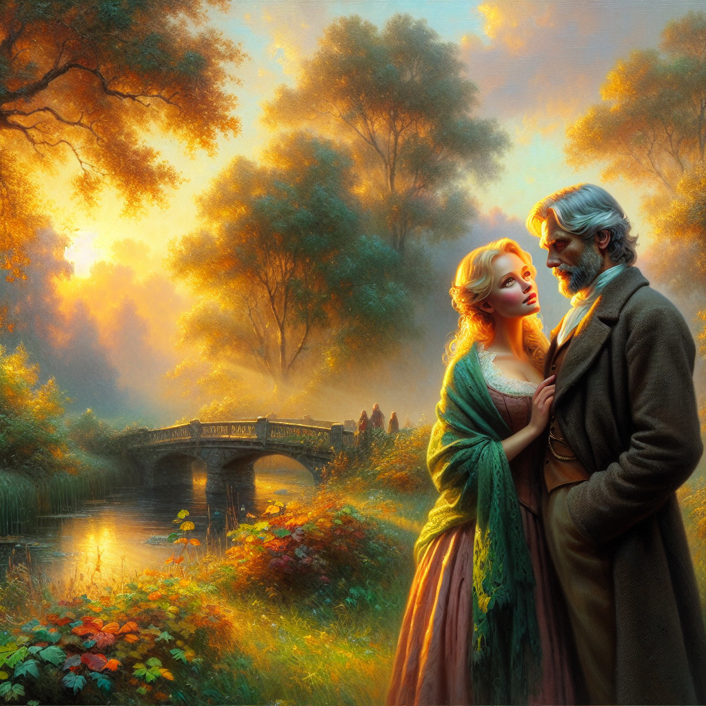 Romantic River Scene with Lush Trees and Flowers