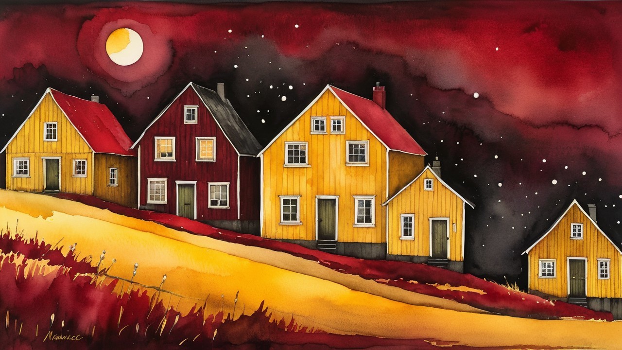 Vibrant Watercolor of Houses Under a Starry Sky