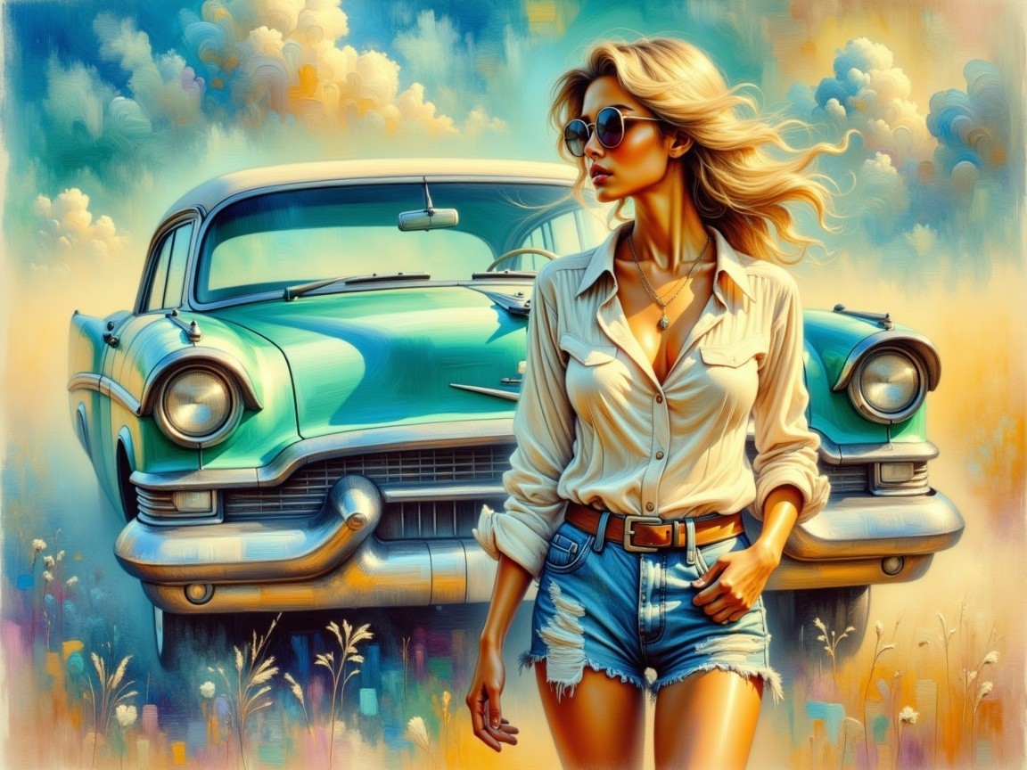 Stylish Woman Poses with Vintage Turquoise Car