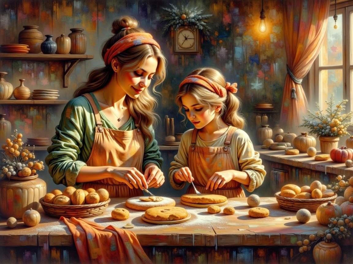 Mother and daughter baking in a rustic kitchen scene