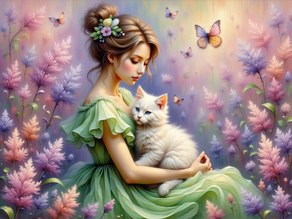 Young woman in green dress with white cat in garden