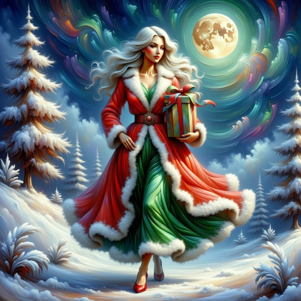 Woman in Red and Green Gown in Snowy Landscape