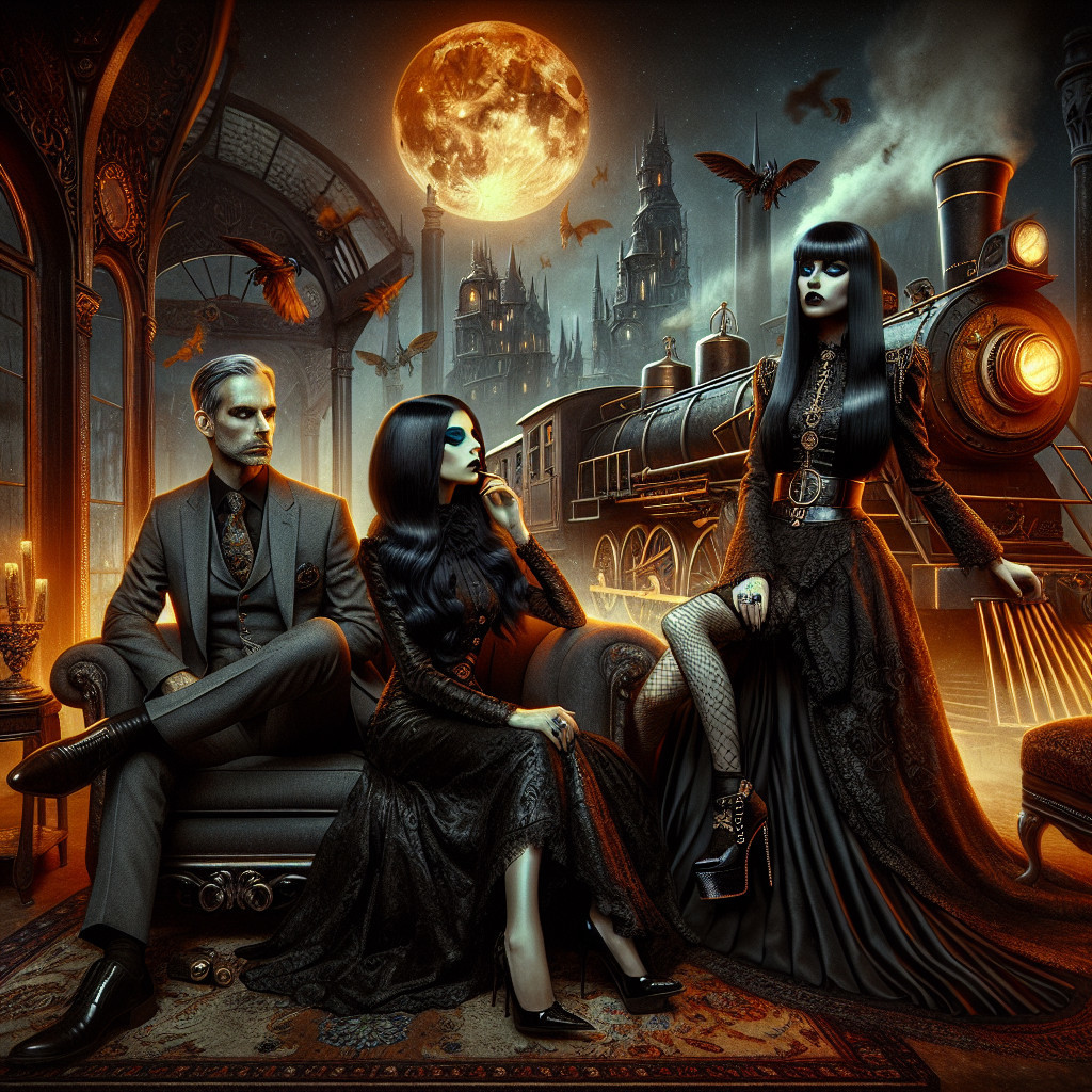 Gothic Scene with Elegant Figures and Steam Train