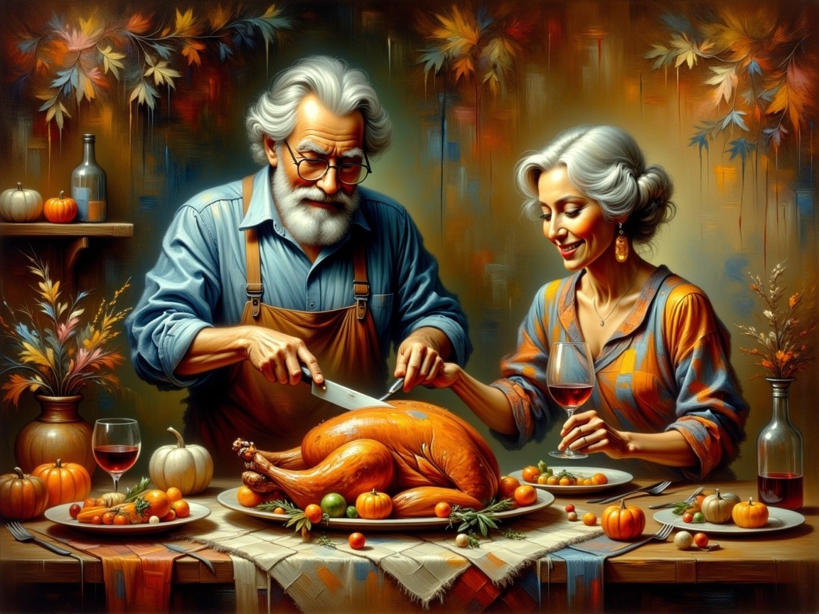 Cozy Autumn Scene with Elderly Couple Preparing Dinner