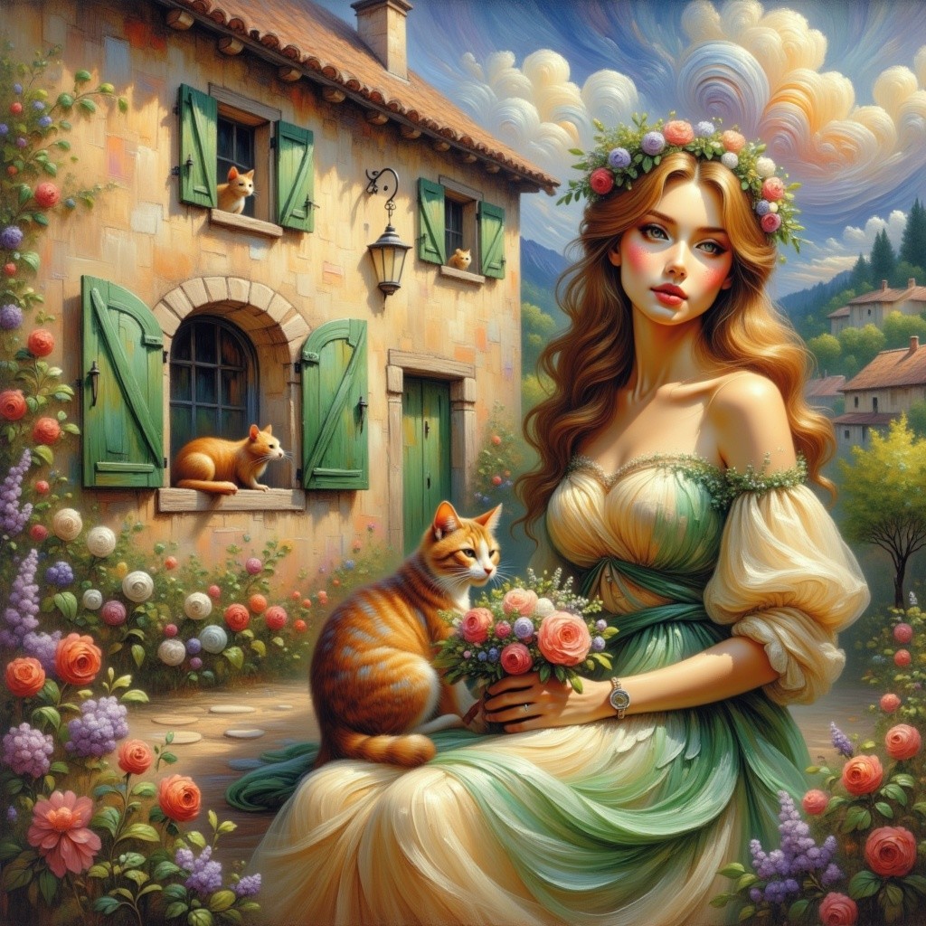 Young Woman in Flowered Dress Among Roses and Cats