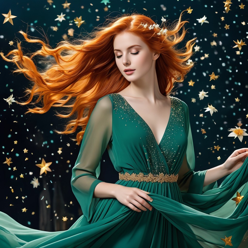Elegant Woman in Green Gown with Red Hair and Flowers