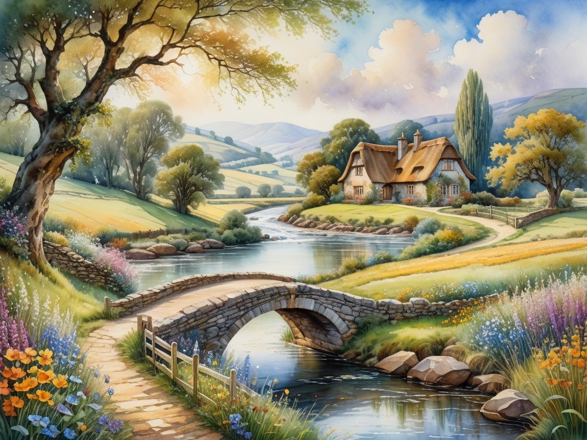 Charming Countryside Scene with Cottage and River