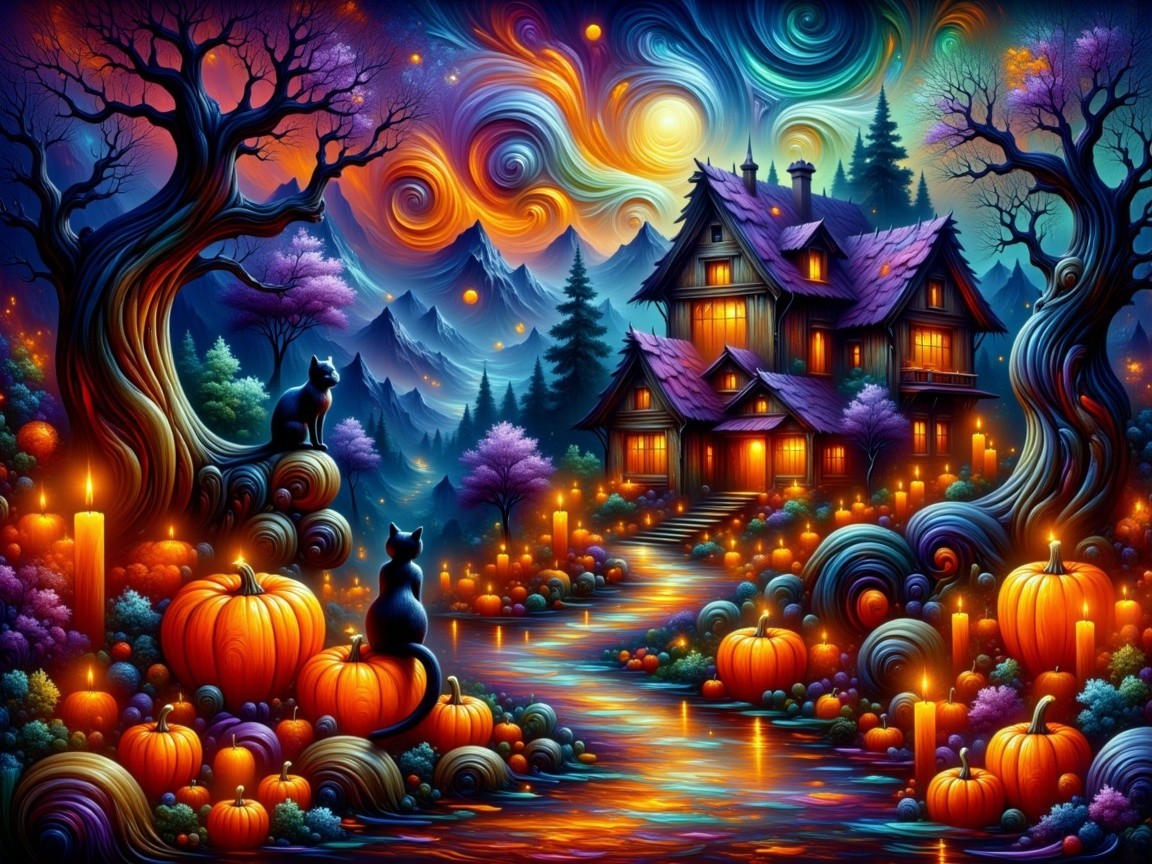Surreal Twilight Landscape with Whimsical House and Cats