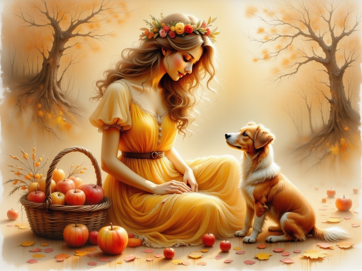 Autumn Scene with Woman, Dog, and Apple Baskets