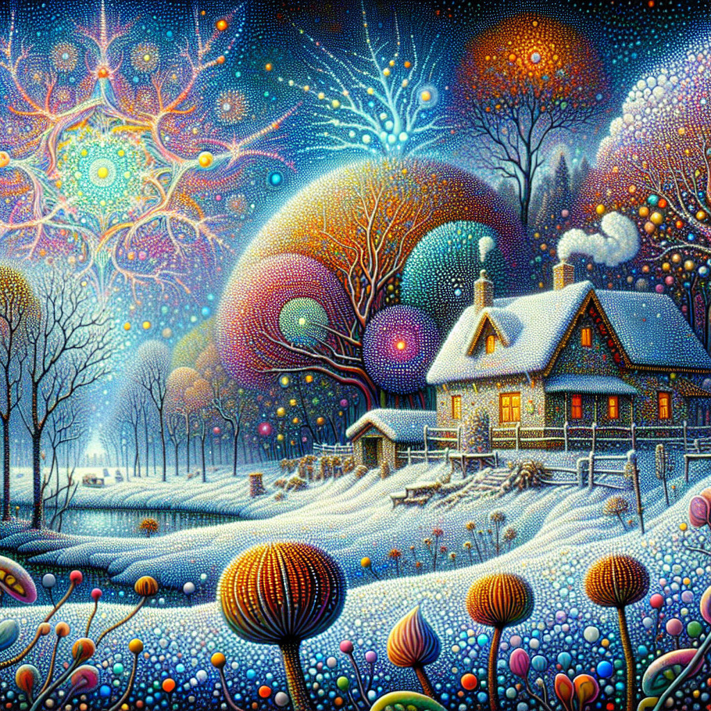 Whimsical Winter Landscape with Cozy Cabin and Trees