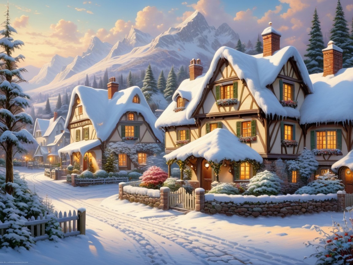 Charming Snowy Village with Cozy Cottages and Mountains