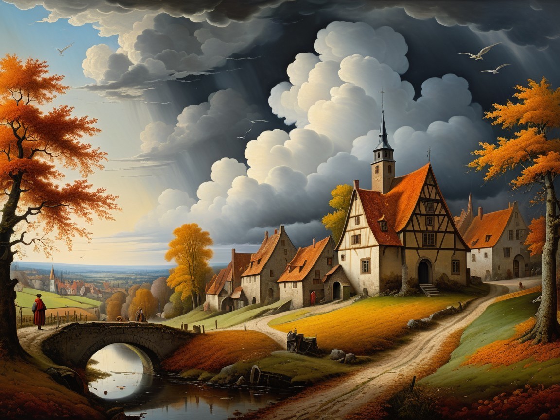 Autumn Village Scene with Dramatic Skies and Stream
