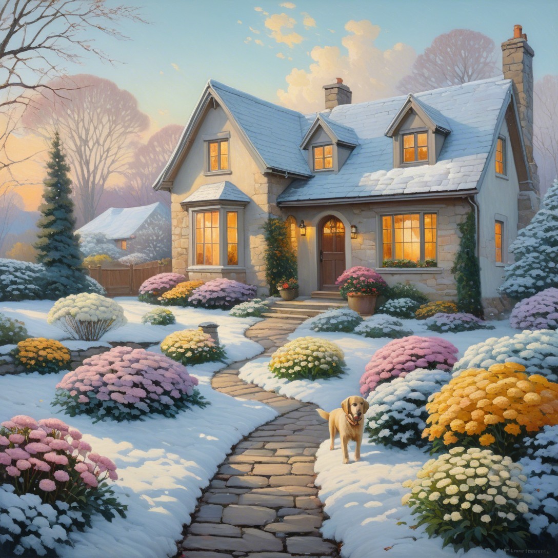 English Cottage in Winter with Snow and Golden Retriever