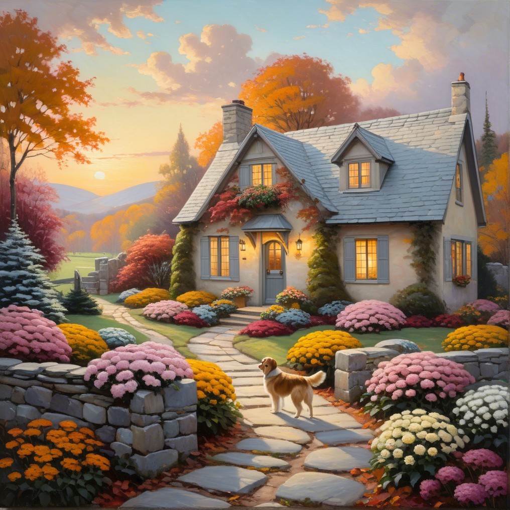 Cottage Surrounded by Autumn Foliage and Flowers