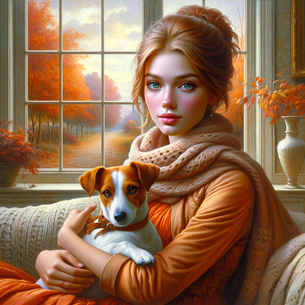 Young Woman in Autumn by Window with Dog