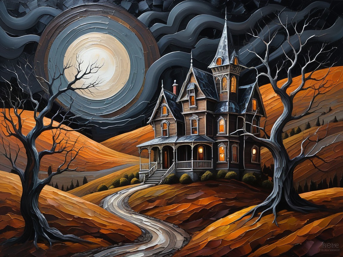 Haunted House Oil Painting with Moonlit Landscape