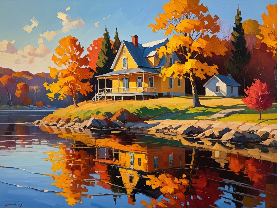 Autumn Landscape with Yellow House and Tranquil Lake