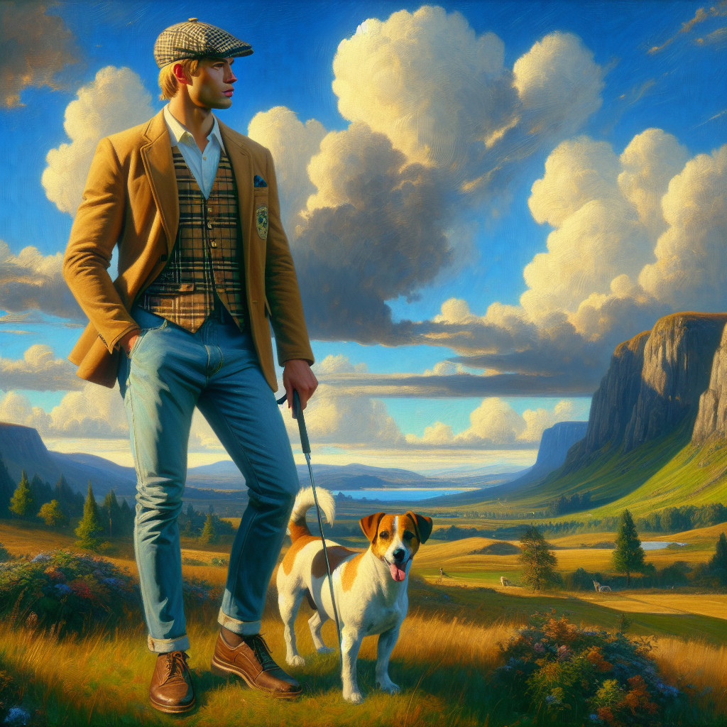Stylish man in landscape with dog and hills backdrop