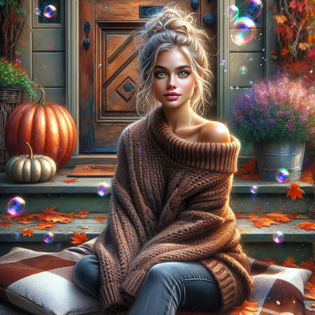 Cozy Autumn Scene with Woman on Wooden Porch