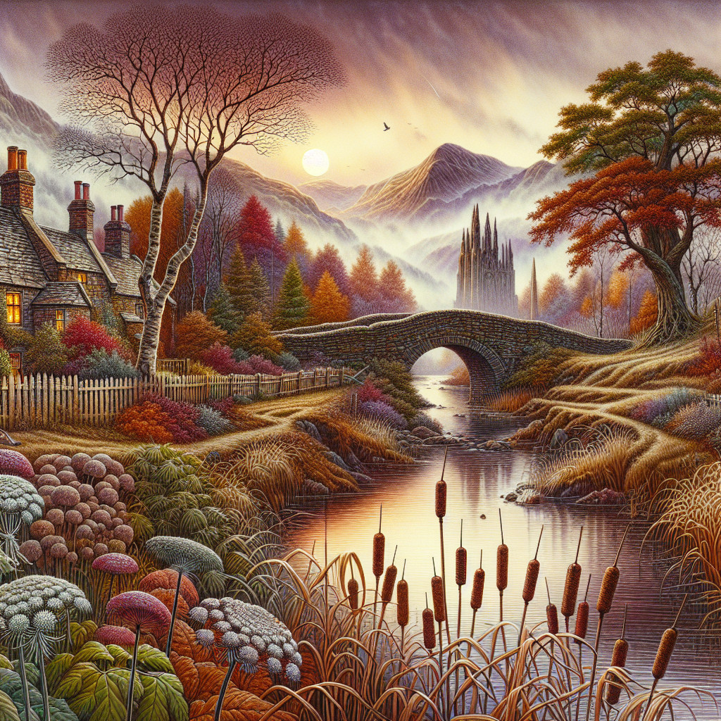 Serene Sunset Landscape with Cottage and River