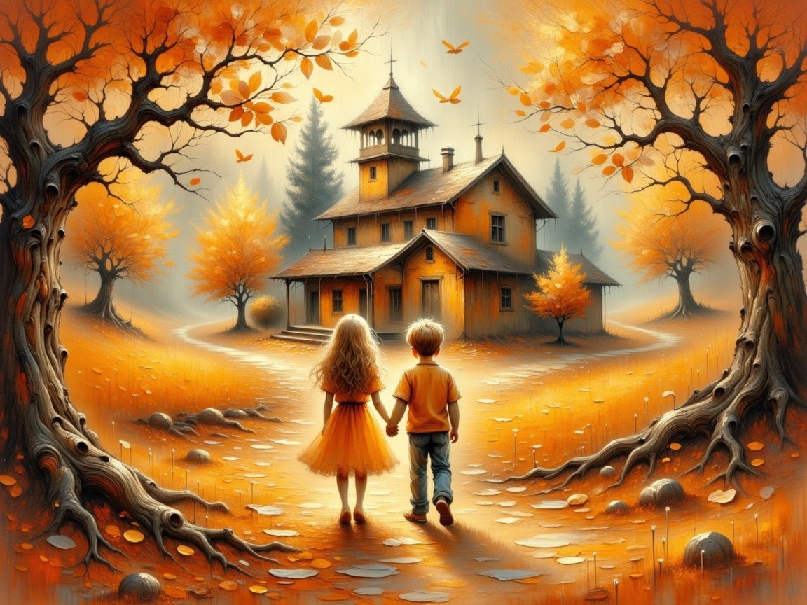 Autumn Landscape with Children and Old House