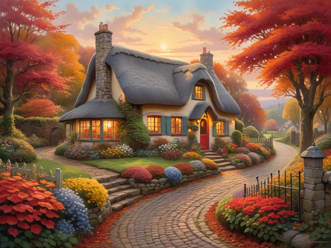 Thatched Cottage in Vibrant Autumn Landscape