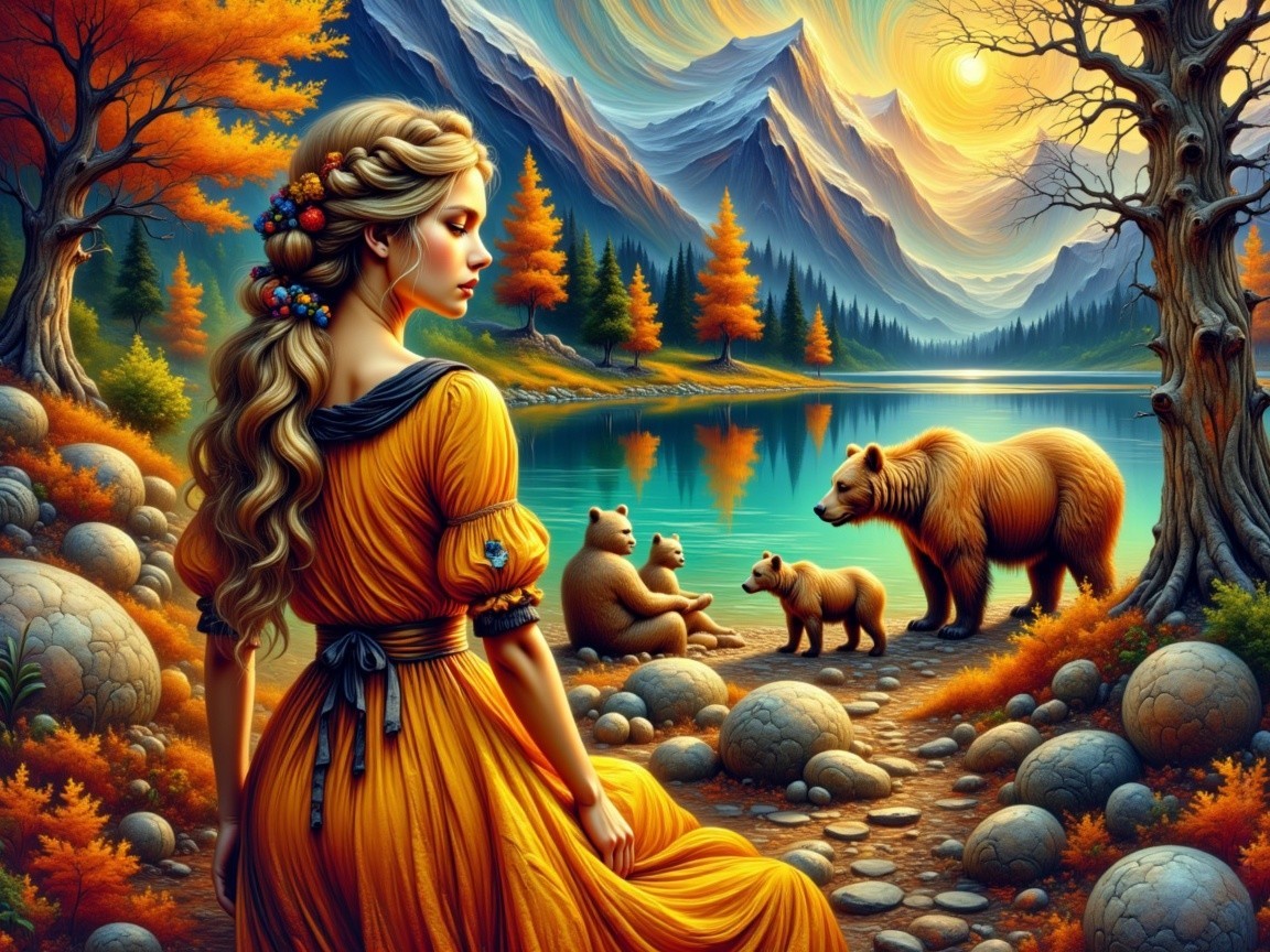 Serene landscape with woman, bears, and autumn trees