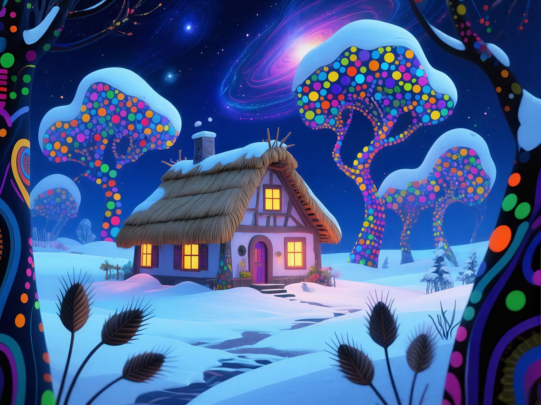 Winter Wonderland with Fairytale Cottage and Stars
