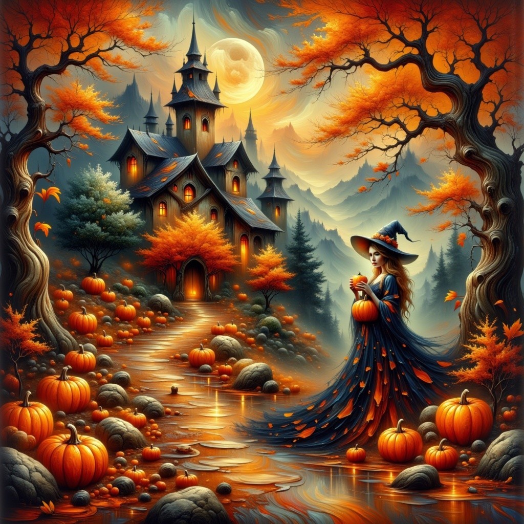 Whimsical Witch in Autumn Landscape with Castle
