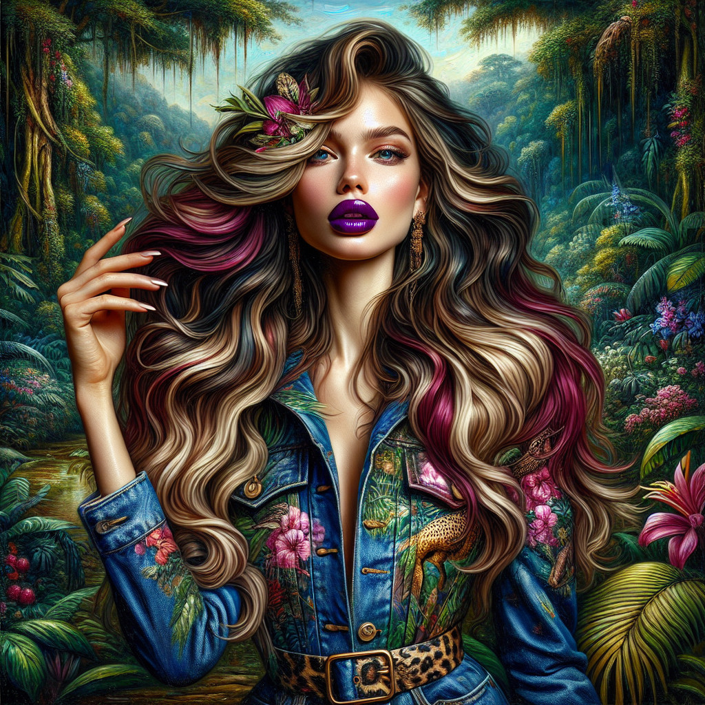 Woman in Floral Denim Jacket in Vibrant Jungle Setting