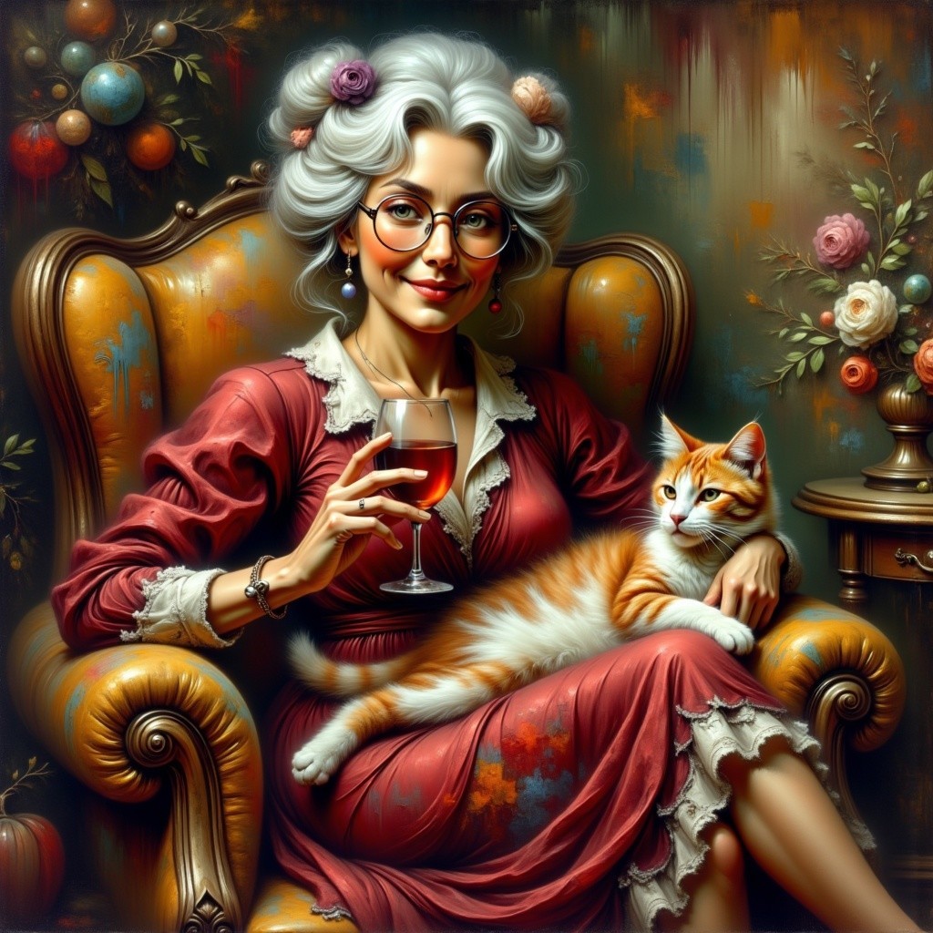 Elderly woman in red dress with cat in vintage chair
