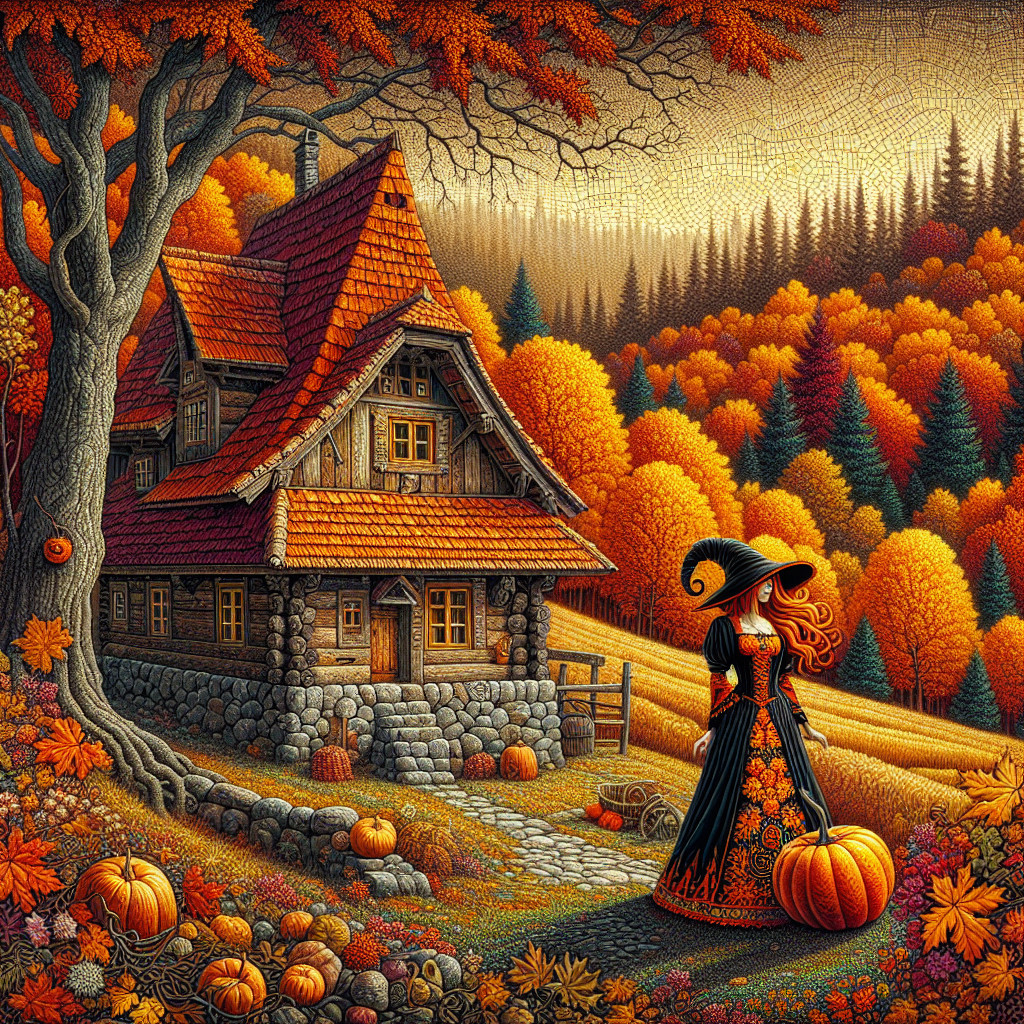 Autumn Landscape with Cottage and Witch Holding Pumpkin