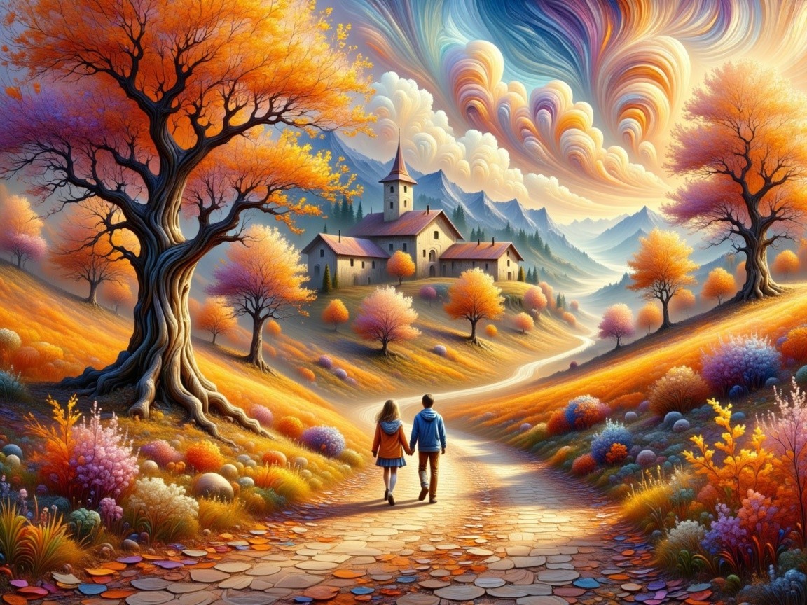 Autumn Landscape with Couple Walking in Countryside