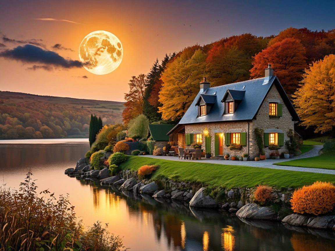 Cottage by tranquil lake with autumn foliage and moon