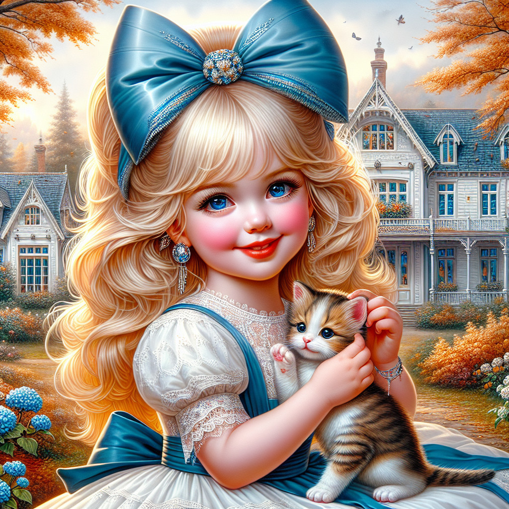Cherubic Girl with Kitten and Victorian House Background