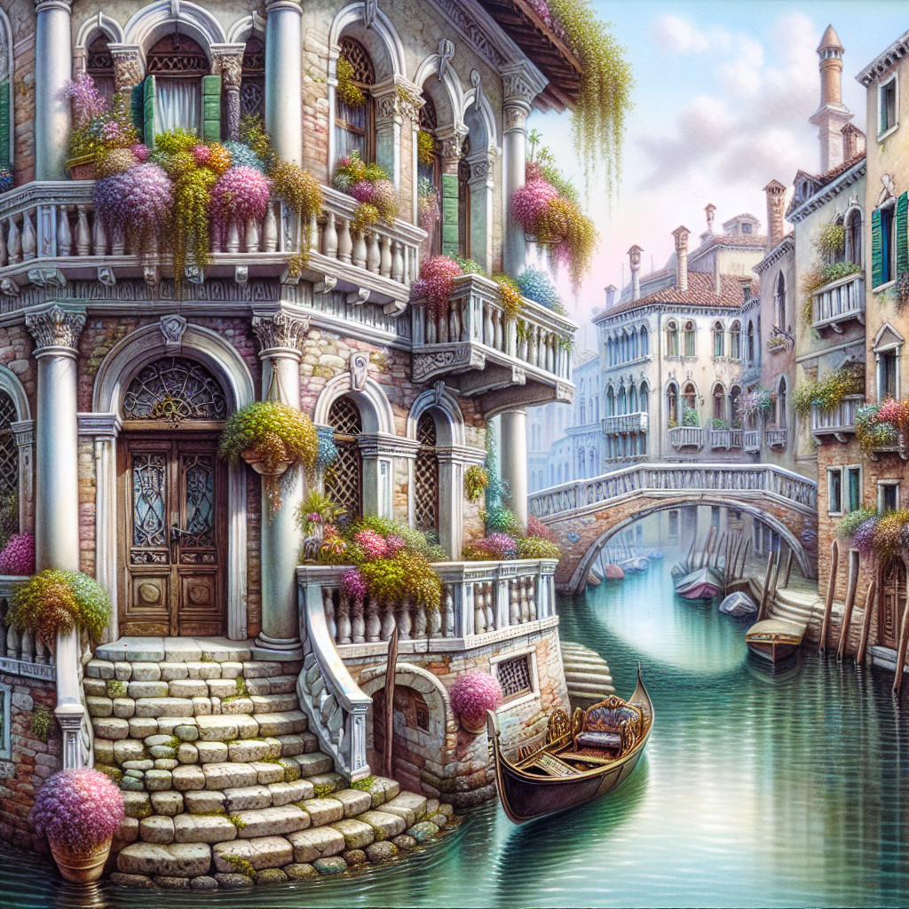 Picturesque Venetian Canal with Gondola and Flowers