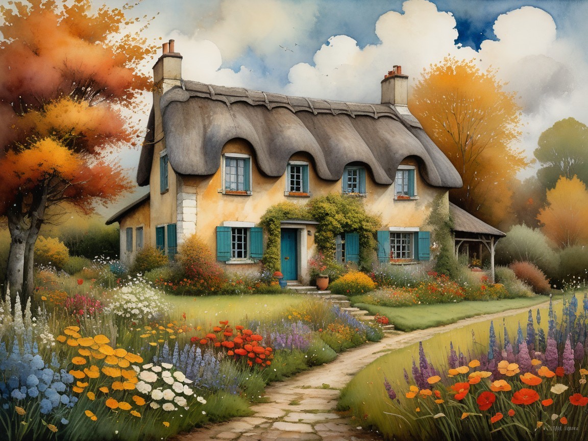 Thatched-Roof Cottage Surrounded by Vibrant Garden
