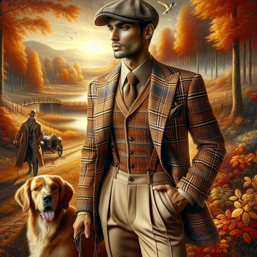Stylish Man in Plaid Suit with Golden Retriever in Autumn