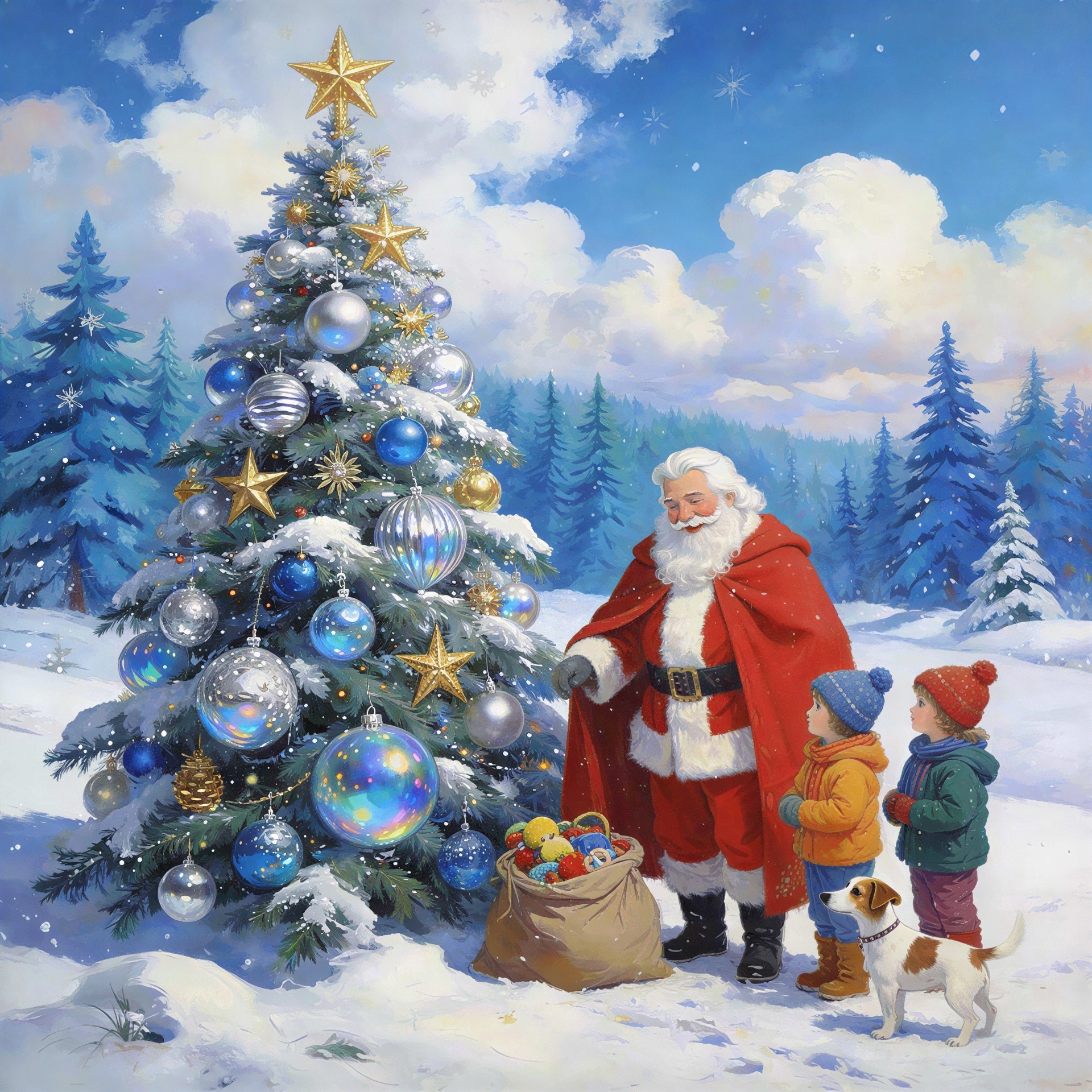 Santa Claus with children and dog by a Christmas tree