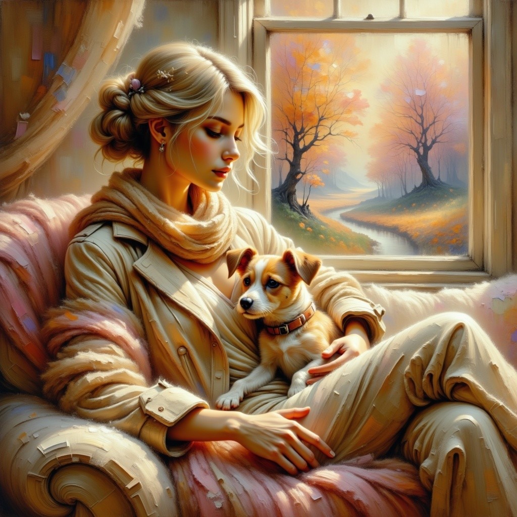 Serene Woman with Dog in Cozy Autumn Setting